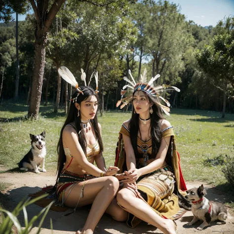 monica bellucci beautiful woman wearing a native american dress sitting in the forest with her dogs, native american, native ame...