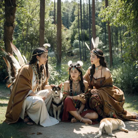 monica bellucci beautiful woman wearing a native american dress sitting in the forest with her dogs, native american, native ame...