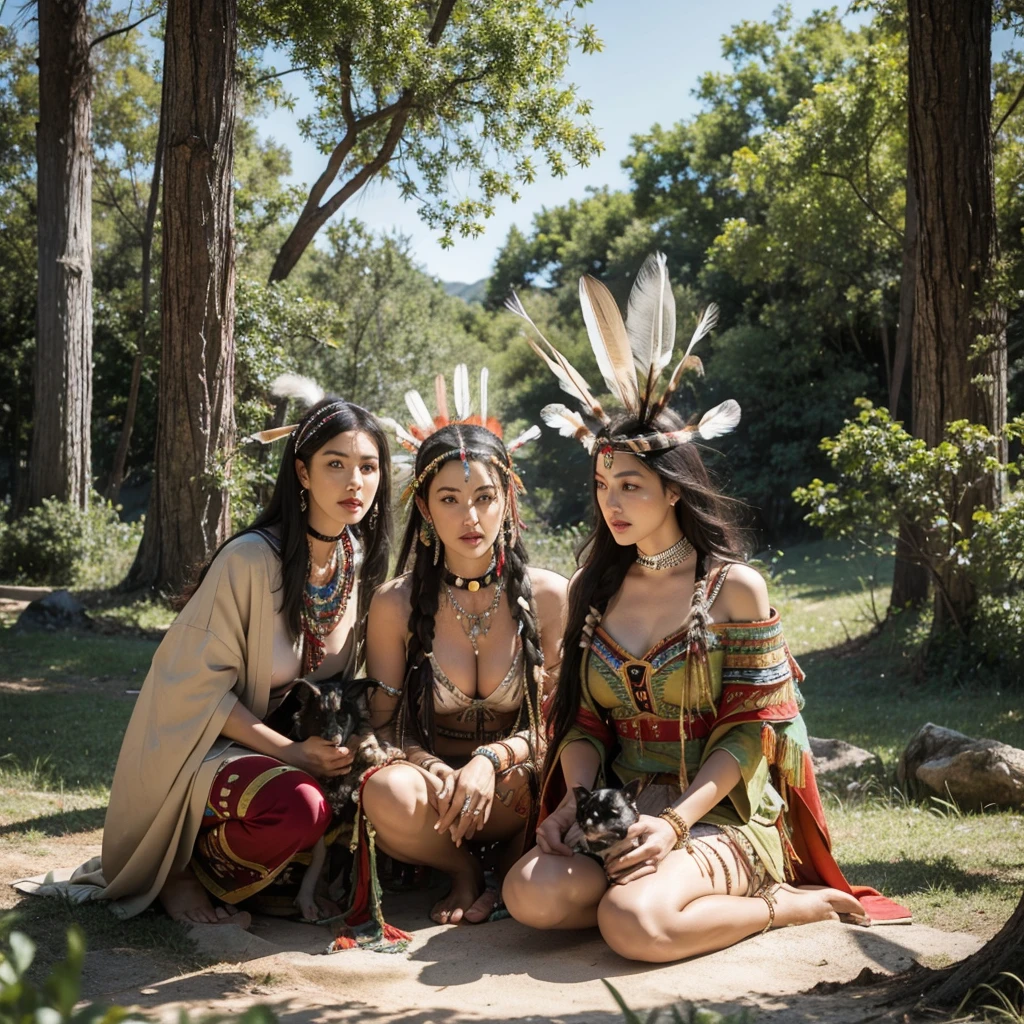 Monica Bellucci beautiful woman wearing a Native American dress sitting in the forest with her dogs, native American, Native American Warriors, Native American Warriors, American Indian headdress, Indian warrior, Head dress, Wearing a Native American choker, Native American Art, Indigenous, feather native American headgear, Central headdress, : Native American Shamen Fantasy, Native Rich Jewelry, Tribal clothing