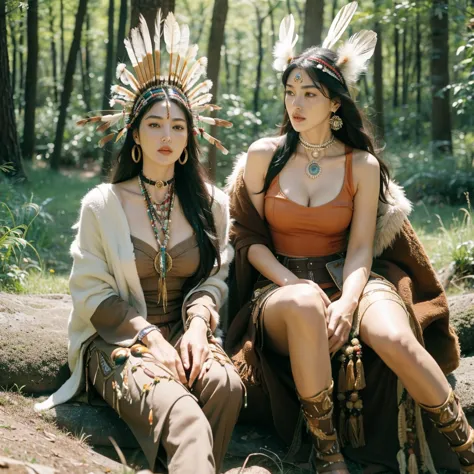 monica bellucci beautiful woman wearing a native american dress sitting in the forest with her dogs, native american, native ame...