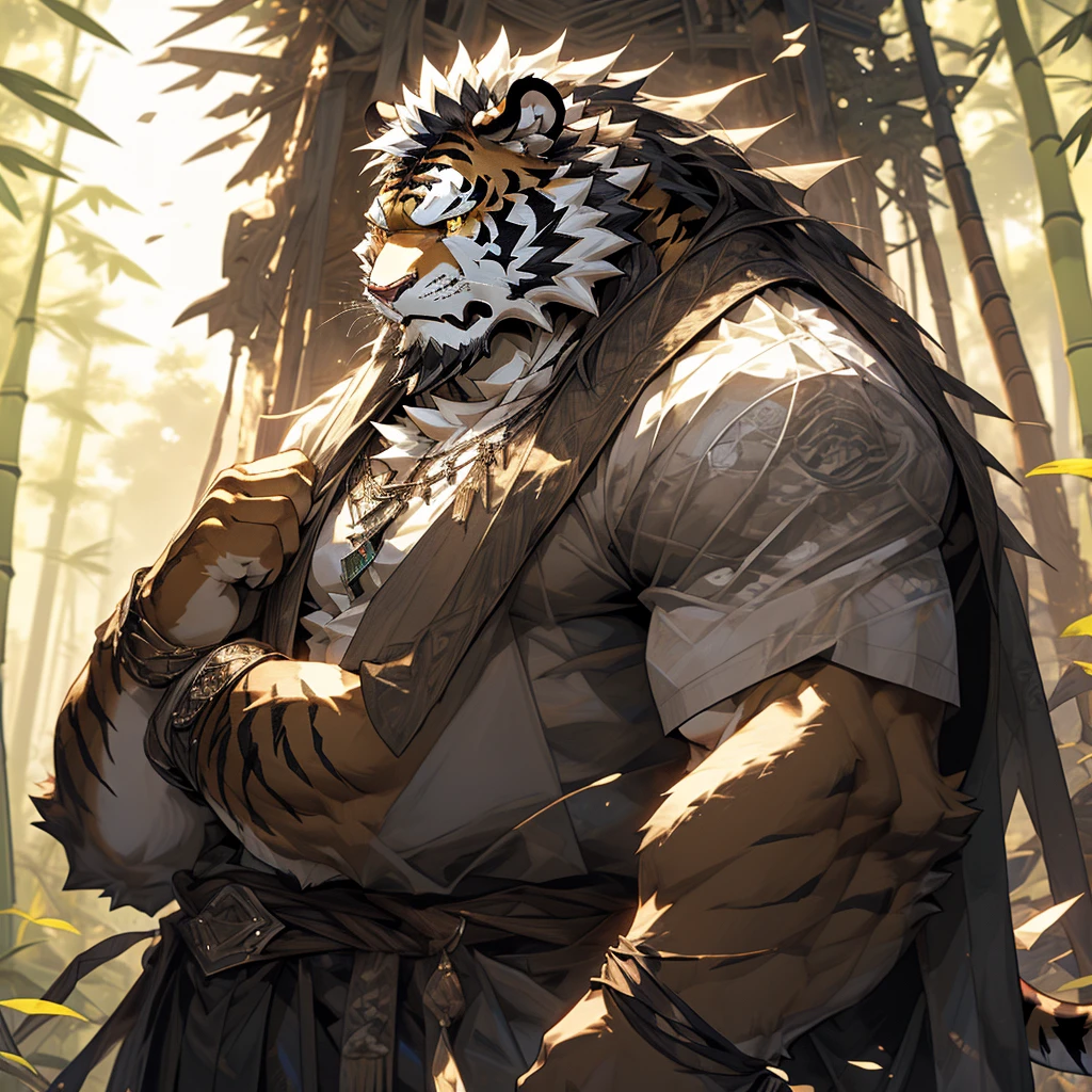 白色皮肤tiger),(黑白阴阳General战袍),Holding a long sword,坚Strong姿态,Stand calmly,(The background is a dark forest，Full of bamboo:1.2),abdominal muscles,Heroic Stance飒爽,完美的masterpiece,Various facial details,Perspective from a distance,specific description,masterpiece,CG,(Golden Eyes),Black and white pattern,Crimson Tail,General,Heroic Stance,tiger,Black and white fur,Specific facial details,Half Body,(黑白阴阳General战履),(Chang Ling),((middle aged)),(Face Focus),(16K),HD,Black and white belly，wilderness,beard,(Noodle),Different students,(Black and white yin and yang shirt),(Black and white hair),Strong,muscle,(high resolution:1.3),(Standing deep in the desolate bamboo forest),(close up),(Delicate face:1.5),Perfect details,(Half Body),(Facial details:1.5),(Zoom in on the face:1.5),(白色Noodle:1.2),(黑色beard:1.3),(white face;1.6),White body