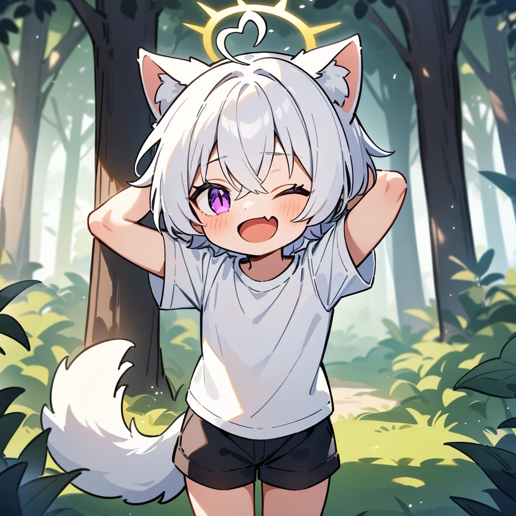 （masterpiece：1.2，high quality），4K，High resolution，A seven-year-old boy，cute boy， white hair，short hair，crossed bangs，purple eyes，slit pupils，one eye closed，heart ahoge，yellow halo，cat ears，laughing，skin fang，Wearing a white shirt，Black shorts，Stand in the forest，There are flowering trees on both sides.，primary school student，thigh，alone，dog tail，Put your hands behind your head，（Put your hands behind your head）