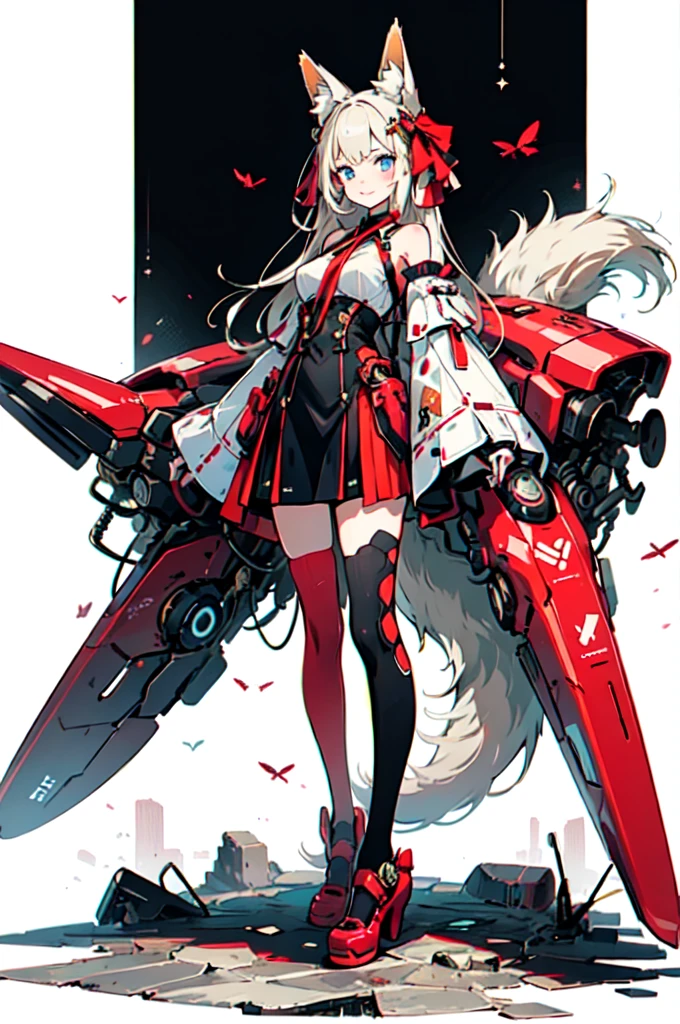 Fox ears, Mecha, machine, Bushy tail, blue theme,, ultra detailed, masterpiece, best quality, aesthetic, detailed,, solo, soft smile, light smile,
1girl, blue eyes, very long hair, blonde hair, long blonde hair, french braid, bangs, medium breasts,, hair ribbon, frilled choker, criss-cross halter, sleeveless dress, high-waist skirt, backless dress, waist bow, detached sleeves, frilled sleeves, wide sleeves, pantyhose, patterned legwear, mary janes,