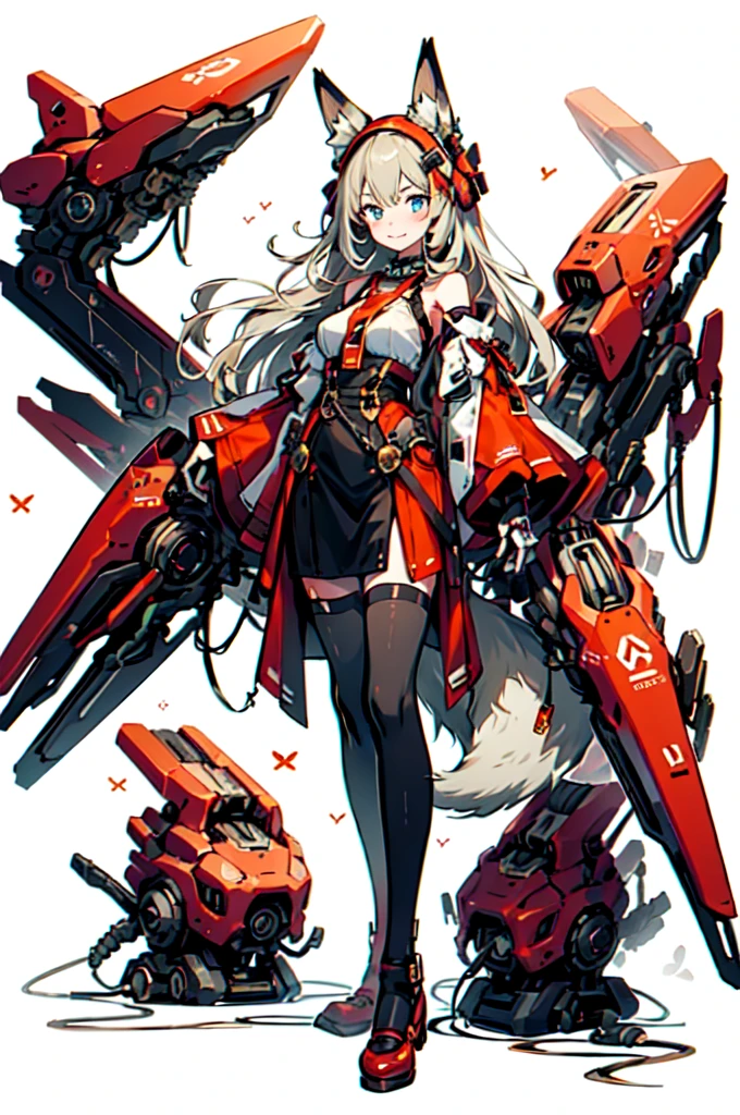 Fox ears, Mecha, machine, Bushy tail, blue theme,, ultra detailed, masterpiece, best quality, aesthetic, detailed,, solo, soft smile, light smile,
1girl, blue eyes, very long hair, blonde hair, long blonde hair, french braid, bangs, medium breasts,, hair ribbon, frilled choker, criss-cross halter, sleeveless dress, high-waist skirt, backless dress, waist bow, detached sleeves, frilled sleeves, wide sleeves, pantyhose, patterned legwear, mary janes,