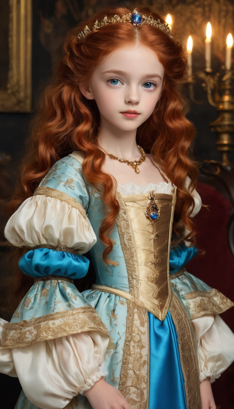 In a rococo atelier、(flat!!! tiny!!! chest), (6!! year old girl), very young!!!!!!! extremely pretty!!!!!! beautiful!!!!!!! face, Oil painting  model、wears a medieval royal queen beige robe, blue eyes, anorexic!!!!!!!!!, emaciated!!!!!!!!!!!!!!!!, very skinny!!!!!!!!!!, (very short!!!!!!), tiny!!!!!!!!, Highly detailed, 8K, 1girll, boney!!!!!!!!!!!!!!!, firered!!!!!!! wavy curly long!!!!!!!!!!! hair, redhead!!!!!!!!! , , (Perfect_Face), Convoluted, Dramatic Lighting, 4K, Detailed_Background, Caustics, Portrait, , from a_Side!!!, (eye contact!!!!), soft gentle pose. dark background.