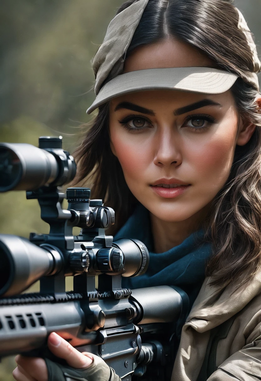 masterpiece (best quality wallpaper0 SEXY SNIPER, duck down, super detailed, aiming target, cinematic photograpic, dramatic light, detailed face expression, aiming, sniper gun, close range, close up, iconic sniper-aiming stance