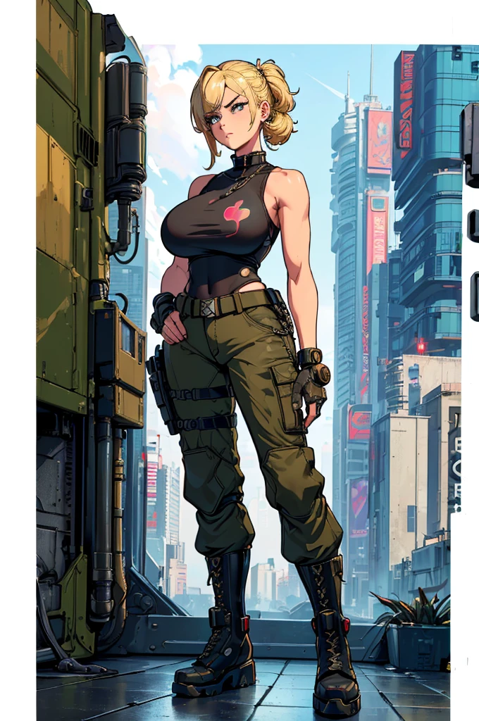 
(masterpiece, best quality, high resolution, ((huge breasts)),military hairstyle, very short ruffled blonde hair, cyberpunk-style mechanized arms, sleeveless military t-shirt, cyberpunk-style commando pants, cyberpunk-style military boots, chain on neck and arms, serious posture
(white background, stickers. Redmond), ((full body standing)),