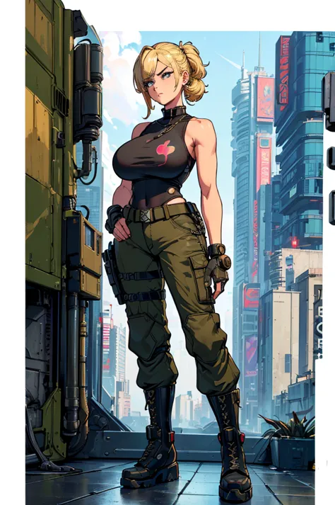 (masterpiece, best quality, high resolution, ((huge breasts)),military hairstyle, very short ruffled blonde hair, cyberpunk-styl...