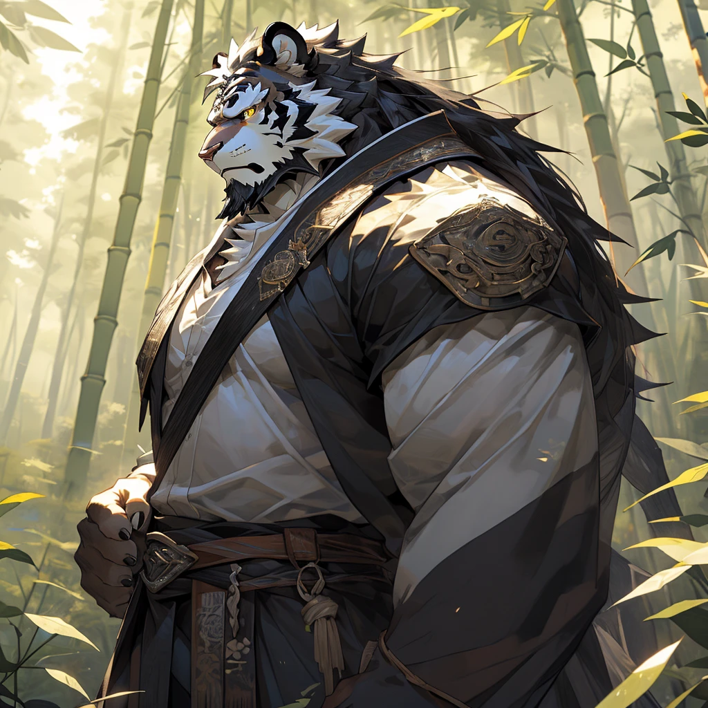 白色皮肤tiger),(黑白阴阳General战袍),Holding a long sword,坚Strong姿态,Stand calmly,(The background is a dark forest，Full of bamboo:1.2),abdominal muscles,Heroic Stance飒爽,完美的masterpiece,Various facial details,Perspective from a distance,specific description,masterpiece,CG,(Golden Eyes),Black and white pattern,Crimson Tail,General,Heroic Stance,tiger,Black and white fur,Specific facial details,Half Body,(黑白阴阳General战履),(Chang Ling),((middle aged)),(Face Focus),(16K),HD,Black and white belly，wilderness,beard,(Noodle),Different students,(Black and white yin and yang shirt),(Black and white hair),Strong,muscle,(high resolution:1.3),(Standing deep in the desolate bamboo forest),(close up),(Delicate face:1.5),Perfect details,(Half Body),(Facial details:1.5),(Zoom in on the face:1.5),(白色Noodle:1.2),(黑色beard:1.3),(white face;1.6),White body