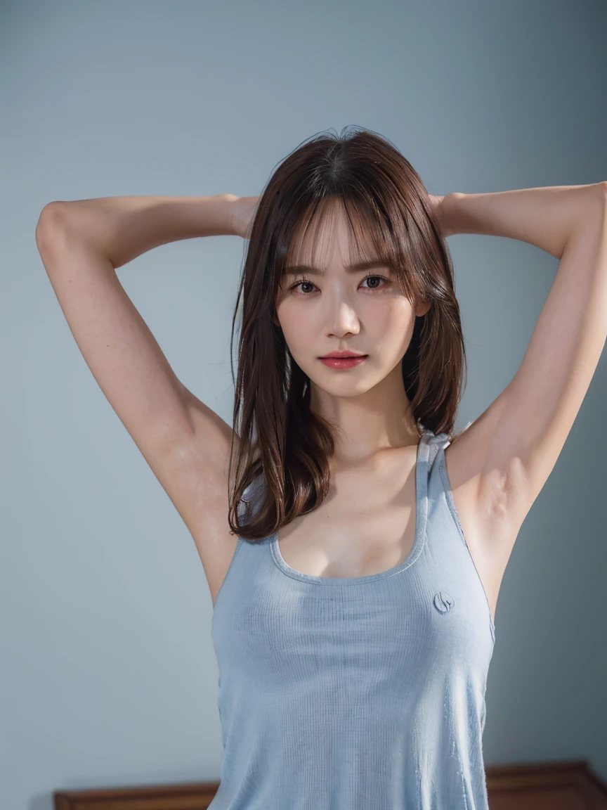 (best quality:1.4), (ultra highres:1.2), (photorealistic:1.4), (16k, RAW photo:1.2),(portrait shot:1.3), bmangpor, 1girl, solo, long hair, brown hair, upper body, white smooth armpits, one arm up, knit tank top,  small breast,see through,nipple