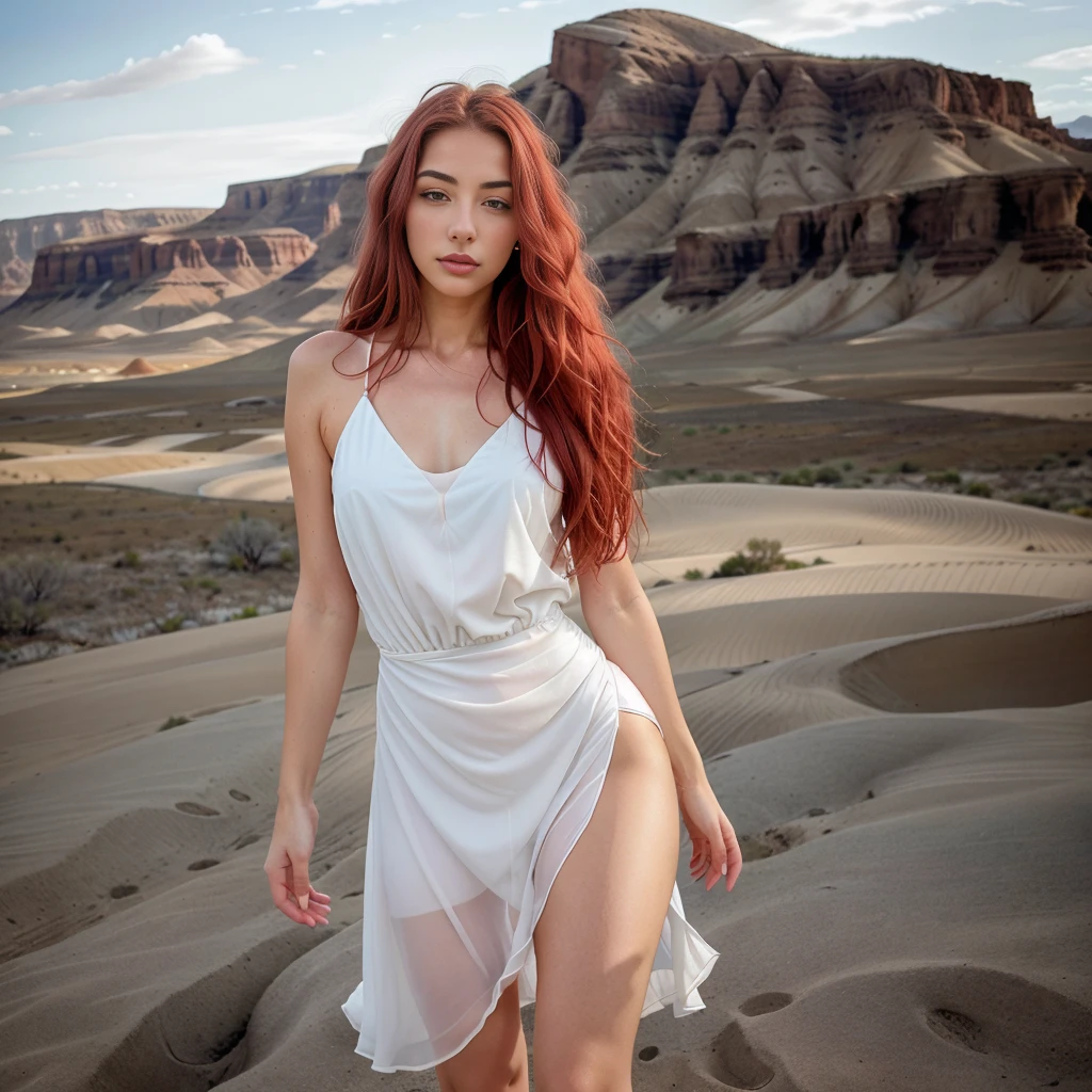 into the image, a 26-year-old woman radiates a sense of serenity and connection to nature as she stands barefoot in a desolate landscape, surrounded by the vastness of the environment. with long, wavy red hair falling in soft locks around her face, the young woman closes her eyes with an expression of calm and contemplation. The wind whispers around you, playing with her hair and playing with the folds of her white dress with blue details. Despite the desolation of the landscape, its presence adds a touch of beauty and tranquility to the environment, like an oasis of peace in the midst of aridity. Your hands rest gently at your sides, as your feet sink into the bare earth, connecting it with the energy of nature. Ultra-realistic image quality, captured in high definition, highlights every detail of the environment and the young woman, from the lines of the landscape to the small textures of your dress. Altogether, the image evokes a feeling of harmony and stillness, inviting the viewer to immerse themselves in the serene beauty of the moment.