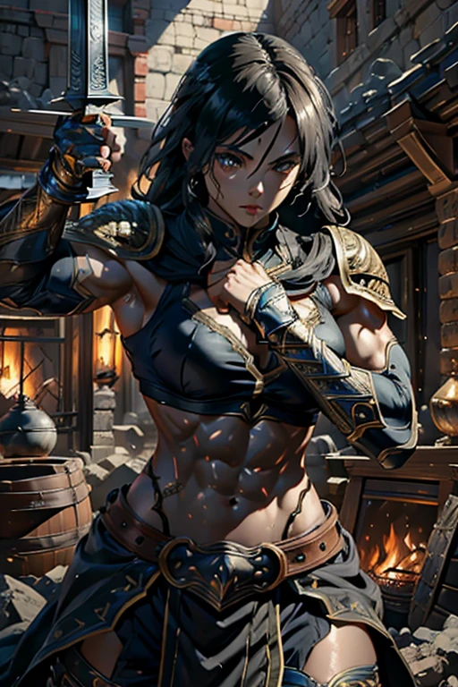 muscular female warrior, in detailed intricate medieval armor, wielding an ornate sword and shield, dynamic action pose, highly detailed, cinematic lighting, epic fantasy, rich colors, dramatic atmosphere