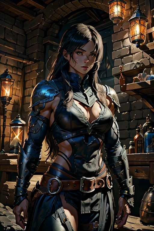 muscular female archer, hybrid human and dragon, leather armor, highly detailed, 8k, photorealistic, dramatic lighting, cinematic composition, fantasy, vibrant colors, chiaroscuro, heroic pose