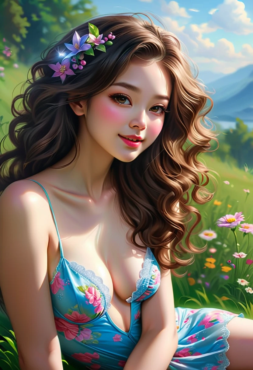 melancholy lighting, quiet, calm, brightness, masterpiece, best quality, 1girl, (JinxLol:1.2), (ultra photorealistic:1.3), (masterpiece:1.4), best quality, ((realistic)), high quality, ultra detailed, ((Real image)), ((realistic skin)), ((realistic face)),(illustration:1.05), (beautiful:1.05), (beautiful detailed eyes:1.05), (cinematic light:1.1), Full body, precise proportions, 18-year-old girl, skinny model lying on the grass, surrounding garden, tree shadow, hair fluttering in the wind, COLORFUL lingerie, long legs, slightly open feet, buttocks, blush, shyness, collarbone, abdominals, double weave, beautiful and delicate face, fair skin, real skin, (face detail), pores, super high resolution, 8k, parameters Best quality, masterpiece, super high resolution, (Realistic 2.0), More details, detailed skin, wide smile, white teeth, voluminous curly hair, perfect and well designed eyes, girlfriend, beautiful, beautiful, flowers, studio lighting