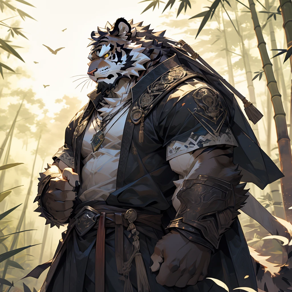 白色皮肤tiger),(黑白阴阳General战袍),Holding a long sword,坚Strong姿态,Stand calmly,(The background is a dark forest，Full of bamboo:1.2),abdominal muscles,Heroic Stance飒爽,完美的masterpiece,Various facial details,Perspective from a distance,specific description,masterpiece,CG,(Golden Eyes),Black and white pattern,Crimson Tail,General,Heroic Stance,tiger,Black and white fur,Specific facial details,Half Body,(黑白阴阳General战履),(Chang Ling),((middle aged)),(Face Focus),(16K),HD,Black and white belly，wilderness,beard,(Noodle),Different students,(Black and white yin and yang shirt),(Black and white hair),Strong,muscle,(high resolution:1.3),(Standing deep in the desolate bamboo forest),(close up),(Delicate face:1.5),Perfect details,(Half Body),(Facial details:1.5),(Zoom in on the face:1.5),(白色Noodle:1.2),(黑色beard:1.3),(white face;1.6),White body