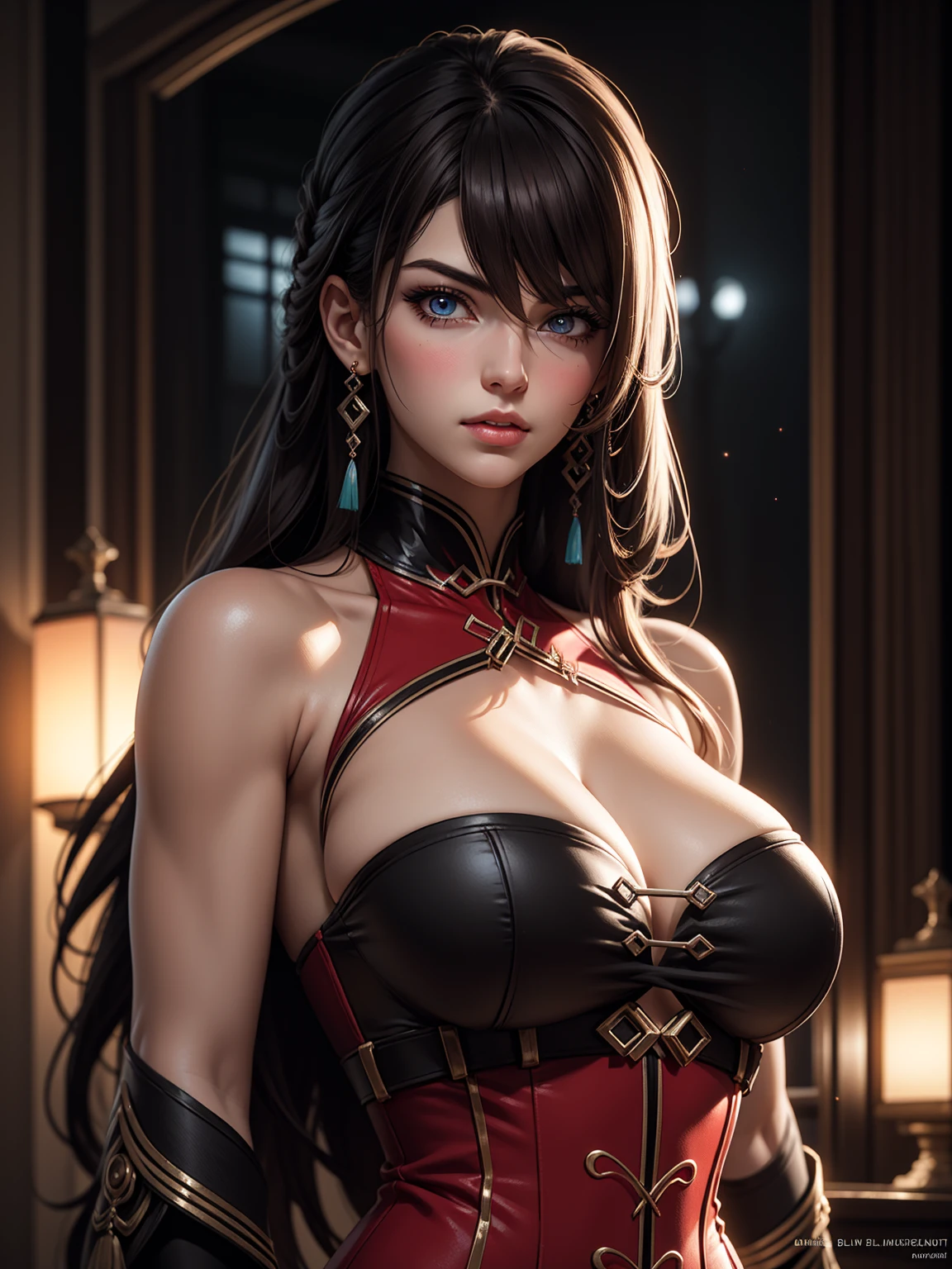 A beautiful girl with a slim body, huge breasts, blushing face, official art style, night scene, detailed face, long hair, detailed eyes, delicate lips, elegant dress, detailed anatomy, volumetric lighting, cinematic composition, dramatic contrast, vibrant colors, highly detailed, photorealistic, 8k, masterpiece