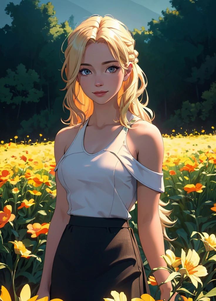 0l1d7,  blonde hair,, (32K resolution, masterpiece, ultra high quality, best quality, ultra high definition, perfect anatomy, Incredibly detailed, RAW,, photorealistic, cinematic lighting, exquisitely detailed, extremely intricate, 8k UHD, high resolution), (1girl), cropped  off-shoulder tank top,  skirt, elegant hair, standing in the middle of a flower field,  seductive smile, dynamic vivid colors