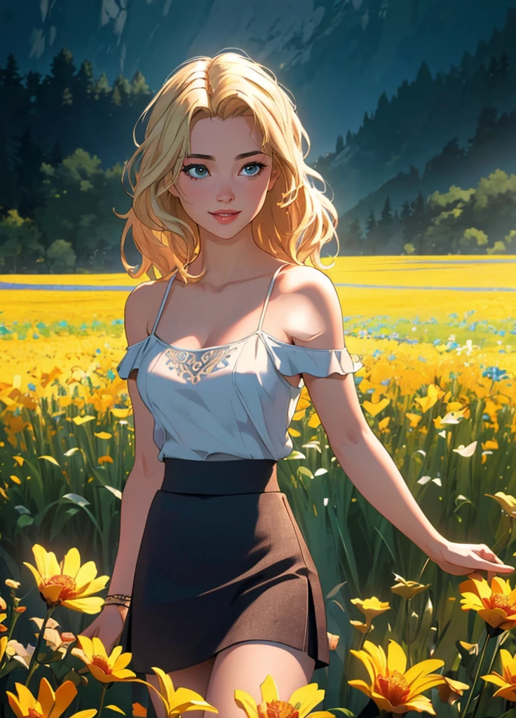 0l1d7,  blonde hair,, (32K resolution, masterpiece, ultra high quality, best quality, ultra high definition, perfect anatomy, Incredibly detailed, RAW,, photorealistic, cinematic lighting, exquisitely detailed, extremely intricate, 8k UHD, high resolution), (1girl), cropped  off-shoulder tank top,  skirt, elegant hair, standing in the middle of a flower field,  seductive smile, dynamic vivid colors