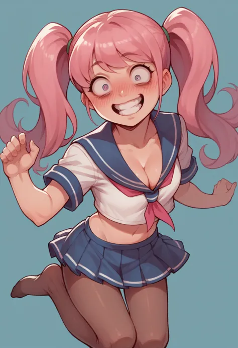 pantyhose,loli,sailor,microskirt,cute,wariza,pink hair,blush,crop top,see throul,twintails,cleavage,crazy eyes,