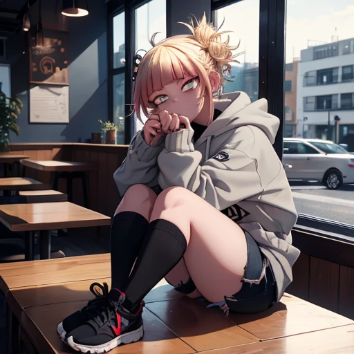 Himiko Toga, anime character from My Hero Academia, wearing an oversized grey hoodie, ripped denim shorts, and black sandals. She is sitting at a modern café table near the window, drinking a cappuccino with a thoughtful expression. The café has a cozy atmosphere with wooden furniture and soft lighting. [style: anime, background: café, pose: sitting, expression: thoughtful, lighting: soft]