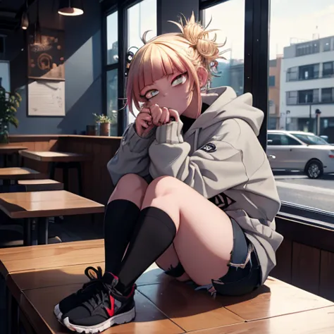 Himiko Toga, anime character from My Hero Academia, wearing an oversized grey hoodie, ripped denim shorts, and black sandals. Sh...