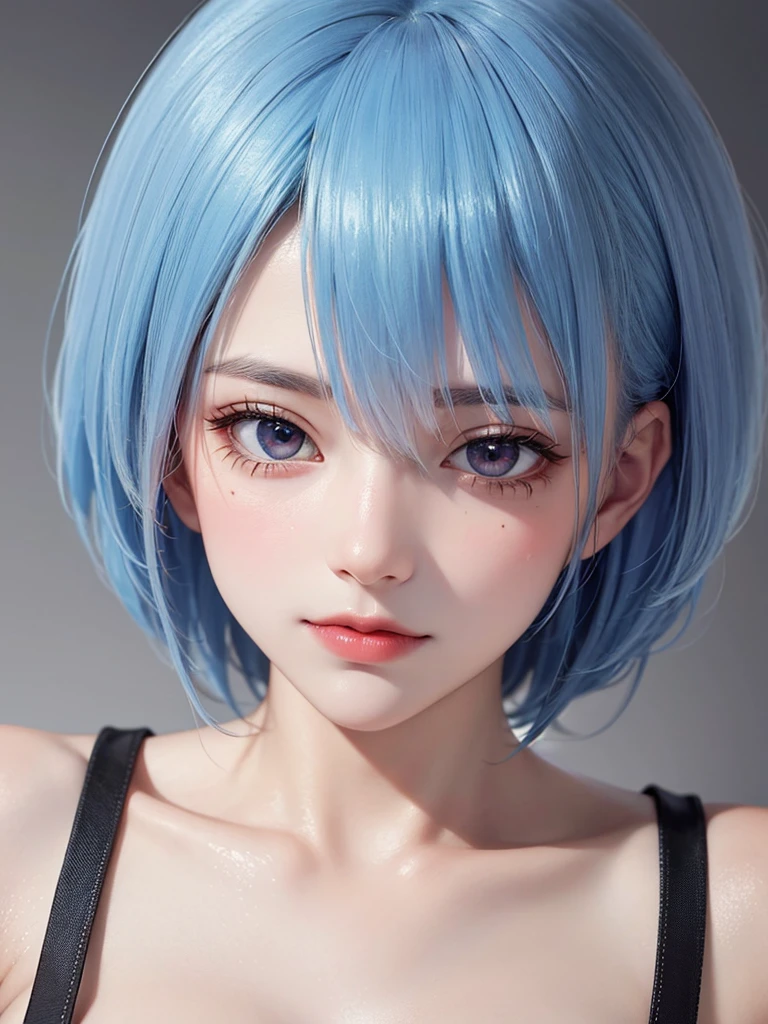 Masterpiece, Best Quality, 8K, Detailed Skin Texture, Detailed Cloth Texture, Beautiful Detail Face, Intricate Detail, Ultra Detailed, Portrait of Rei Ayanami, Blue Hair, Red Eyes, Head Tilt, No Background