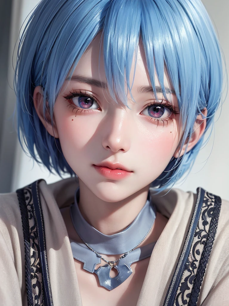 obra maestra, mejor calidad, 8K, textura de piel detallada, Textura de tela detallada, Hermoso rostro detallado, detalles intrincados, Ultra detallado, retrato de rei ayanami, pelo azul, ojos rojos, inclinación de cabeza, sin antecedentes