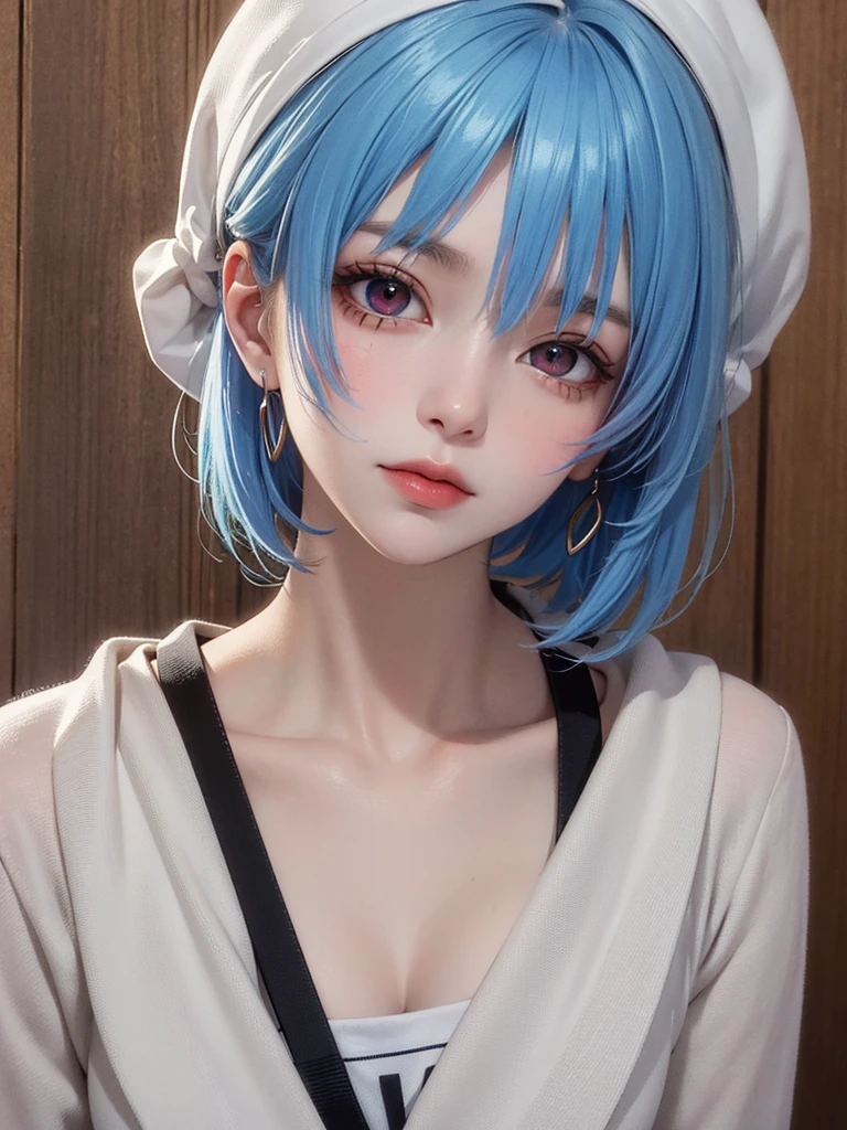 Masterpiece, Best Quality, 8K, Detailed Skin Texture, Detailed Cloth Texture, Beautiful Detail Face, Intricate Detail, Ultra Detailed, Portrait of Rei Ayanami, Blue Hair, Red Eyes, Head Tilt, No Background