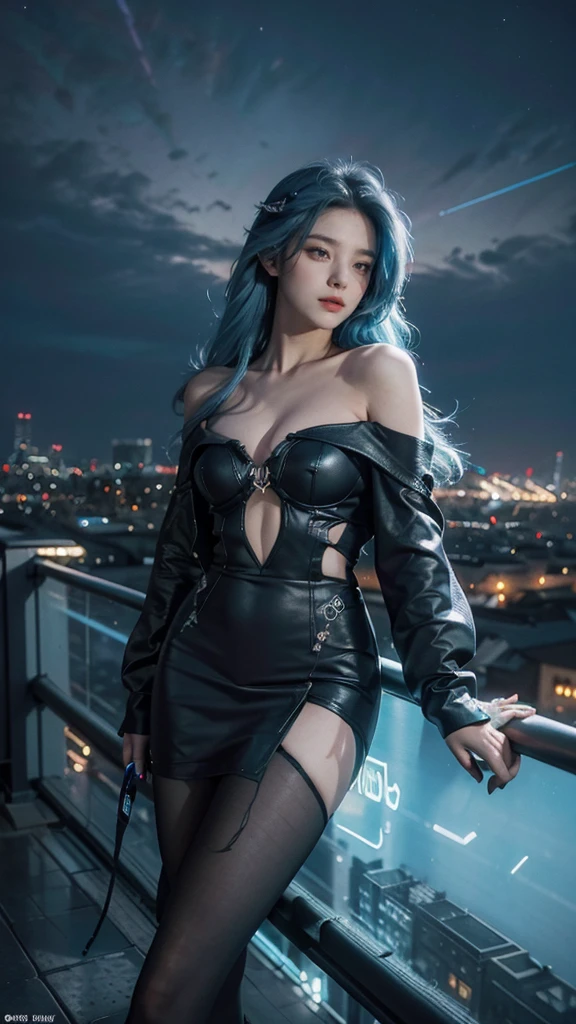 (masterpiece), best quality, ultra high res,, cyberpunk 1girl flying above stunning cityscape ,hoodie,blue hair,  neon color shooting stars, very long hair, off shoulder, feather hair ornament, neon colors, flashes, stunning night sky, cinematic lighting, photorealistic, realistic skin, HDR,fisheye