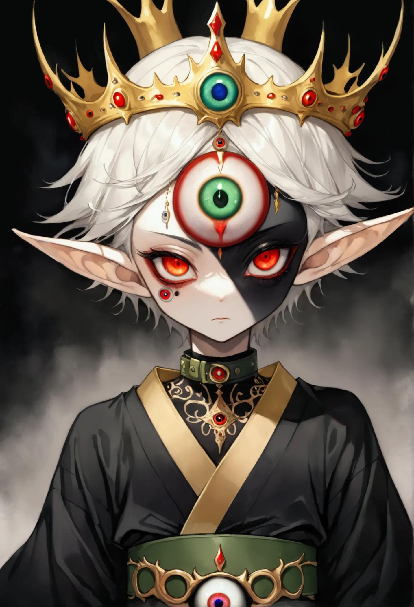 japanese anime，second dimension，horror style，horror character，(((three-eyed boy，独奏，third eye on the forehead，dark eyeshadow，whit...