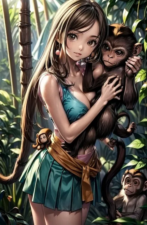 a (((tween holding a monkey and a monkey in her arms,))) nami from one piece. wearing micro skirt. ((and her get hugs with lewd ...