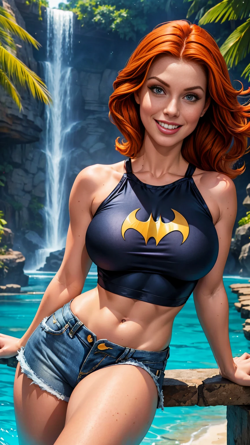 Batgirl, ginger hair, Close up of breasts, pokies, black spandex crop top, denim bahama shorts, tropical waterfall location, smile