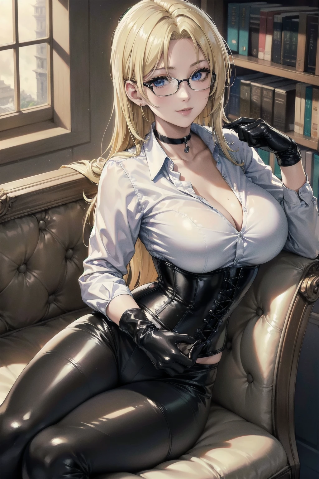 Masterpiece, Superior image quality, high resolution, 4k image,photo and gross, photorealistic, whole body,  1 young blonde of 15 years, sitting on a chair, {{{vagina}}}, big breasts, beautiful face, Long blonde hair, blue eyes, very detailed eyes,  seductive expression, draw smile, glasses, choker:1.6, (white collar button down long sleeve shirt), black gloves, gloves that cover hands, (holds a book with his right hand), (black leather corset), (shiny black leggings), Sensual Lips, show details in the eyes, View from above, looking at the viewer, sitting in a library, at daytime