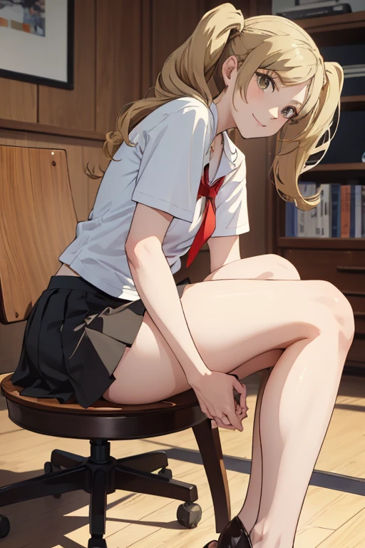 dsann, twin tail, golden hair, sitting with legs apart revealing her panties, wearing a short skirt, thick muscular thighs, large round buttocks, looking down with a seductive smile, masterpiece, 4k