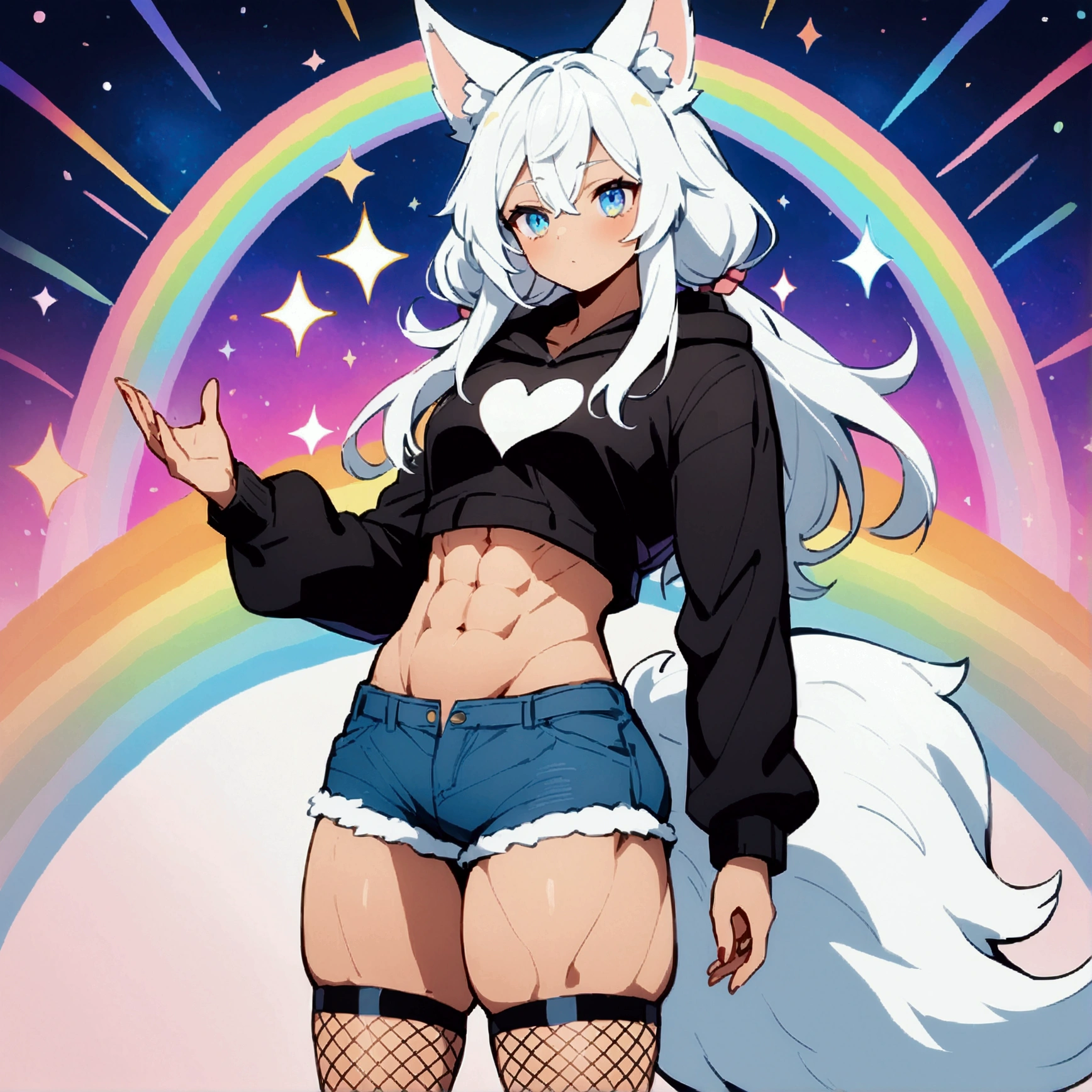 a cute adult male with wolf ears, long white hair, long locks, has a wolf tail, wearing a loose cropped black hoodie, wearing a pair of denim short shorts and fishnet stockings, thick thighs, wide hips, relaxing on mound of fluffy multi colored kawaii plushies, short, very slim, showing slender tummy, heart on hoodie, squishy thighs, has glowing blue eyes. alone, solo (ALONE)(SOLO), surrounded by rainbows, colorful galaxy backround, has abs