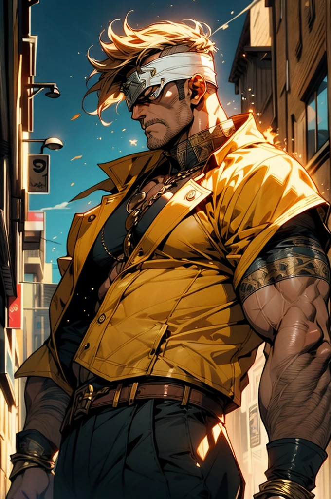 A man with short golden hair, middle-parted bangs, a hexagonal metal forehead protector, round glaring eyes filled with anger, a furious expression, chiseled facial features, a muscular build, an orange fantasy martial arts-style coat with flame-shaped decorations on the collar, a luxurious red and white undershirt, matching trousers, the backdrop of a fantasy-style city street, this character embodies a finely crafted fantasy martial arts-style warrior in anime style, exquisite and mature manga art style, dramatic, high definition, best quality, highres, ultra-detailed, ultra-fine painting, extremely delicate, professional, perfect body proportions, golden ratio, anatomically correct, symmetrical face, extremely detailed eyes and face, high quality eyes, creativity, RAW photo, UHD, 32k, Natural light, cinematic lighting, masterpiece-anatomy-perfect, masterpiece:1.5