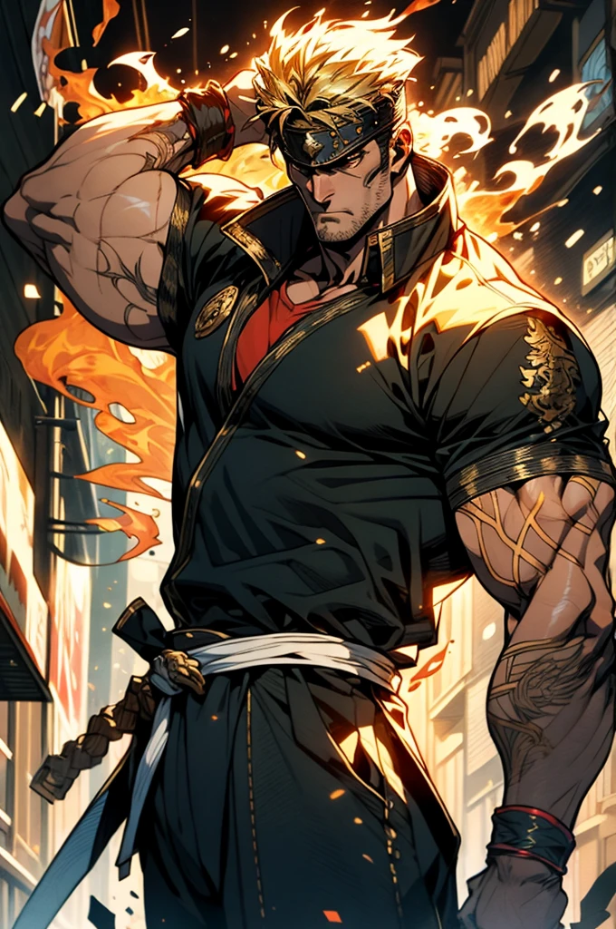 A man with short golden hair, middle-parted bangs, a hexagonal metal forehead protector, round glaring eyes filled with anger, a furious expression, chiseled facial features, a muscular build, an orange fantasy martial arts-style coat with flame-shaped decorations on the collar, a luxurious red and white undershirt, matching trousers, the backdrop of a fantasy-style city street, this character embodies a finely crafted fantasy martial arts-style warrior in anime style, exquisite and mature manga art style, dramatic, high definition, best quality, highres, ultra-detailed, ultra-fine painting, extremely delicate, professional, perfect body proportions, golden ratio, anatomically correct, symmetrical face, extremely detailed eyes and face, high quality eyes, creativity, RAW photo, UHD, 32k, Natural light, cinematic lighting, masterpiece-anatomy-perfect, masterpiece:1.5