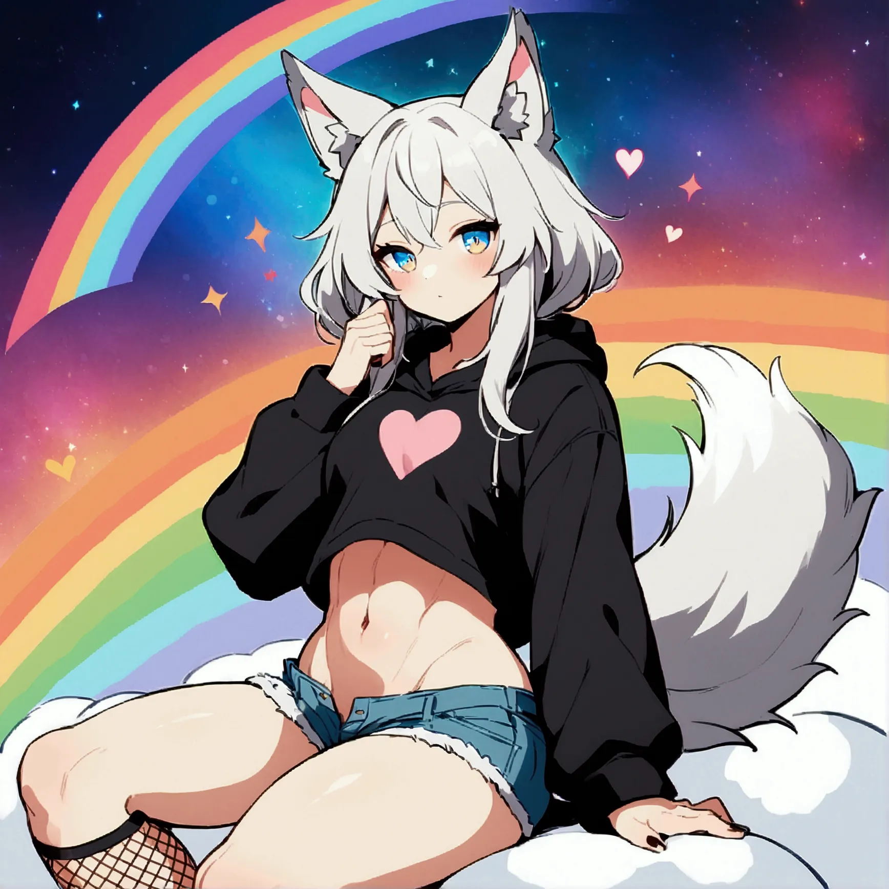 a cute adult male with wolf ears, long white hair, long locks, has a wolf tail, wearing a loose cropped black hoodie, wearing a ...