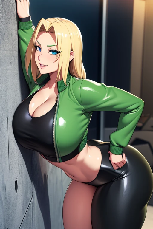 4k, masterpiece, high resolution, 3D art style, Tsunade, 1girl, ((bimbo))), detailed face and eyes, beautiful face, detailed hand, blond hair, blue eyes, thick lips, erotic smile face, face, slender hips, thick thighs, thick, huge and droopy breast, huge round ass, oily shiny skin, black crop top and hot pant, jacket, hot pant, cleavage, standing facing the wall in the gym, bending forward, facing the wall, view from her back