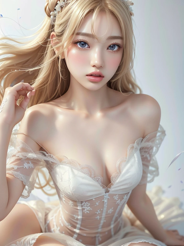 8k,Confused, High resolution, Very detailed, 1 Girl, alone, Very beautiful eyes, Ultra-precise depiction, Very detailed depiction, (Tangled:1.2), , (White high key background:1.5), (Wedding dress:1.2), See-through、Off the shoulder、Short platinum blonde, (Shiny skin), Many colors, , (Shooting from above:1.2),、Flat Body、slim、cute、、Round face、Cast a Shadow、See-through、