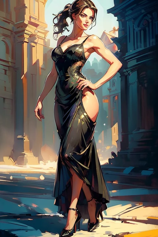 (full body:1.4),(realistic illustration:1.3).A very beautiful Russian woman. 31yo, brunette, green eyes, short, perfect figure, small breasts,(smile), Black dress, high heels, ponytail. Masterpiece, (highly detailed:1.2),(detailed face and eyes:1.2), 8k wallpaper, natural lighting. core shadows, high contrast, bokeh.(rule of thirds),