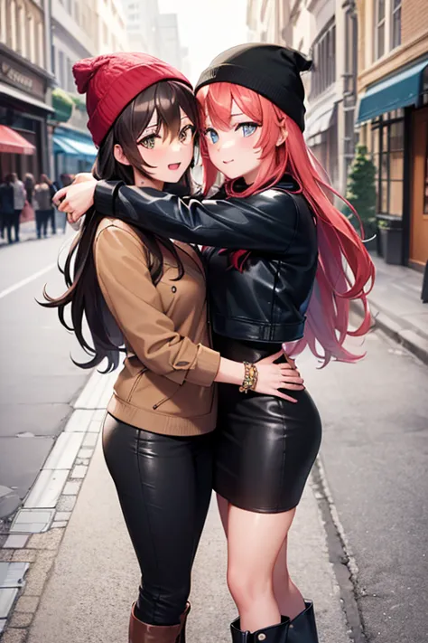 ((masterpiece, best quality, ultra-detailed)), 2girl, two beautiful women hugging each other, blushing, leather jacket, short sl...