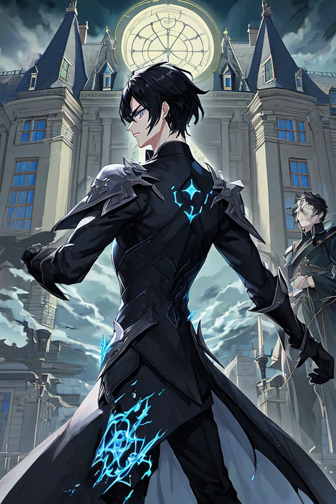 Azure eyes, black hair, night mage, in front of a mansion, cloudy day, preparing for war, angry, from behind perspective, 1 boy