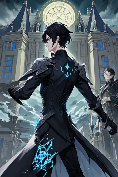 azure eyes, black hair, night mage, in front of a mansion, cloudy day, preparing for war, angry, from behind perspective, 1 boy