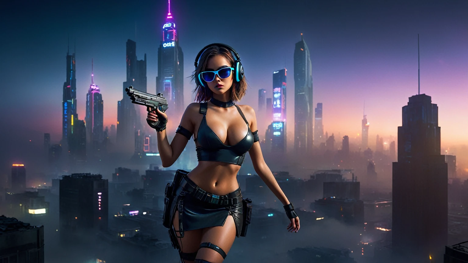 dark futuristic landscape, at night, neon lights, Atmospheric fog, large buildings in the background, futuristic city, streets with open shops, skyscraper (postapocalyptic city:1.3). (((1girl, solo, alone))), large-breast:1.2 slim body, cleavage:1.1, sexy miniskirt, (((headphone, black sunglasses, standing and holding pistol pose))), (((half-body thigh level medium shot))), cinematic lighting, lens flare, ray tracing.