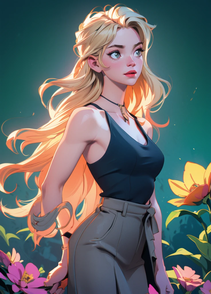 0l1d7,  blonde hair,, (32K resolution, masterpiece, ultra high quality, best quality, ultra high definition, perfect anatomy, Incredibly detailed, RAW,, photorealistic, cinematic lighting, exquisitely detailed, extremely intricate, 8k UHD, high resolution), (1girl), cropped  off-shoulder tank top,  skirt, elegant hair, standing in the middle of a flower field,  seductive smile, dynamic vivid colors