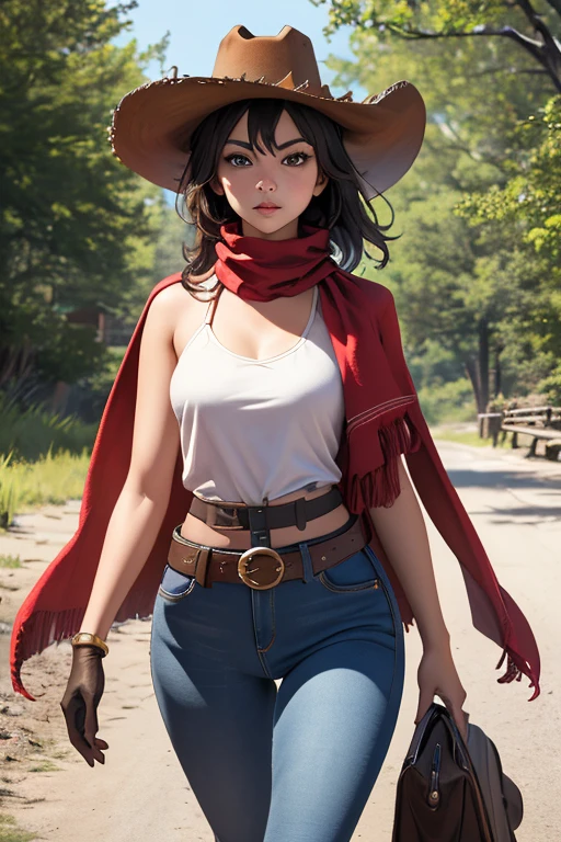 Highest quality　High resolution　Western Wilderness　Cute girl in gunfighter clothes　Ten-gallon hat　Revolver pistols　jeans　gun belt　A scarf is wrapped around the neck　The background is the wilderness:1.8