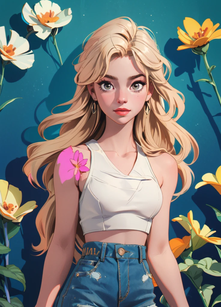 0l1d7,  blonde hair,, (32K resolution, masterpiece, ultra high quality, best quality, ultra high definition, perfect anatomy, Incredibly detailed, RAW,, photorealistic, cinematic lighting, exquisitely detailed, extremely intricate, 8k UHD, high resolution), (1girl), cropped  off-shoulder tank top,  mini shorts, elegant hair, standing in the middle of a flower field,  seductive smile, dynamic vivid colors