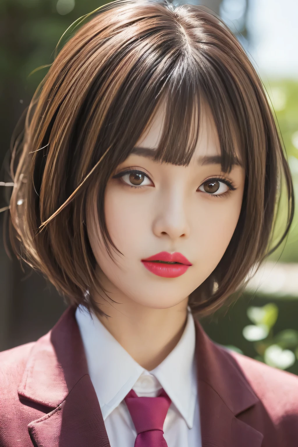 (1 girl:1.3), Face close-up, Japanese, 17 year old supermodel, skinny body, high school girl, (From the side), (Highest quality:1.4), 32K resolution, (Realistic:1.5), (超Realistic:1.5), High resolution 32k UHD, (masterpiece:1.2)), (Improvement of quality:1.4), (Very beautiful facial details), (Highest quality realistic skin texture:1.4), (Perfect Anatomy:1.2), (Are standing:1.37), (((school uniform, Red tie, Pink long sleeve blouse shirt:1.37))), Red Plaid Pleated Skirt,  Does not emphasize the bust top, ((No background:1.15)), Accurate Fingers, Symmetrical eyes, Staring at the audience, Natural Makeup, (The most absurd quality of perfect eye:1.25), ((Incredible resolution and clear quality eye)), (Realistic eye),Perfectly round eyes,Detailed pupils,(brown_eye:1.37), compensate:1.21,length_green_eyeliner:1.21,(pink_lipstick:1.21), (Very intricate details:1.2), (Detailed and accurate nose:1.21), Perfect composition, (tired, Sleepy and satisfied:0.0), (Correctly drawn beautiful lips:1.21),(Flat Chest:1.2), (skinny lower body), Brown Hair, (fluffy bob cut hair:1.37), Anxious face, Gentle light illuminates the face and body, Spectacular and inspiring cinema lighting