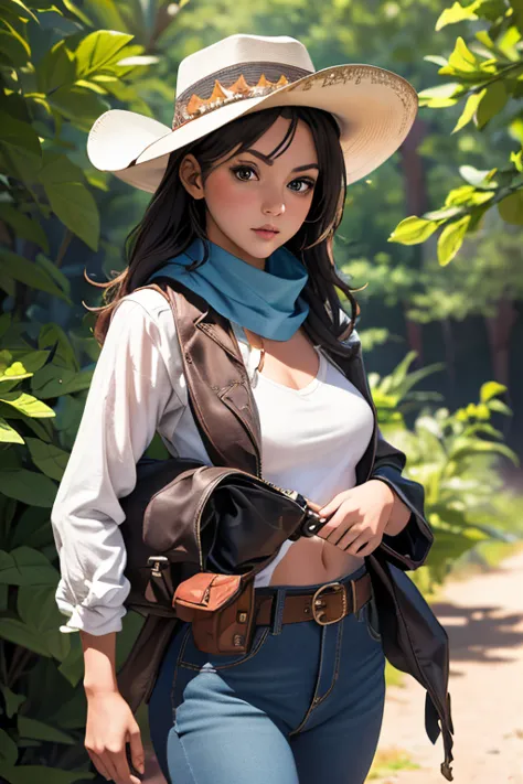 highest quality　high resolution　western wilderness　cute girl in gunfighter clothes　ten-gallon hat　revolver pistols　jeans　gun bel...